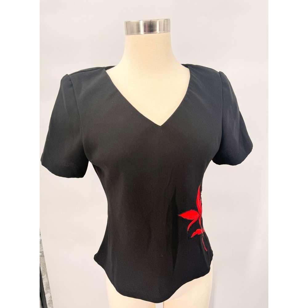Studio I Blouse Womens 10P Black Floral V-Neck Short Sleeve Petite Top